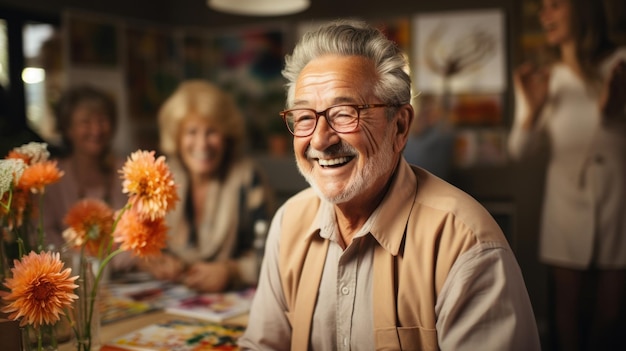 Älterer Mann mit Brille blickt in die Kamera, während er im Kunstatelier Generative AI malt