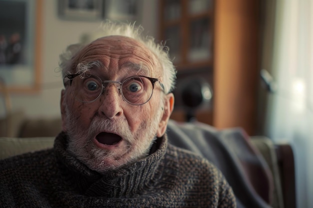 Älterer Mann mit Brille, der einen erstaunten Blick zeigt, während er drinnen sitzt