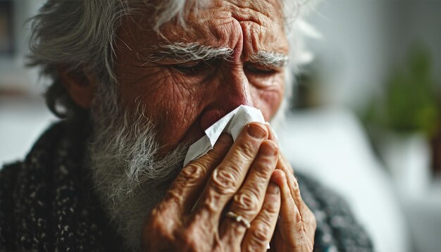 Älterer Mann mit Erkältung, der sich die Nase wischt, Gesundheitspflege, Grippe, Hygiene und Menschenkonzept, kranker älterer Mann