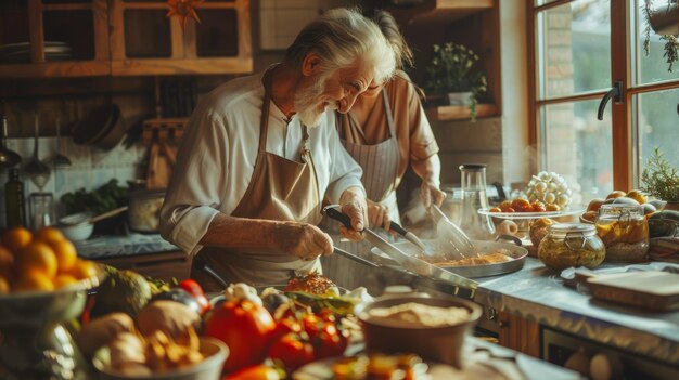 Älterer Mann mit lebenslanger kulinarischer Erfahrung kocht mit Leidenschaft in einer sonnigen Küche