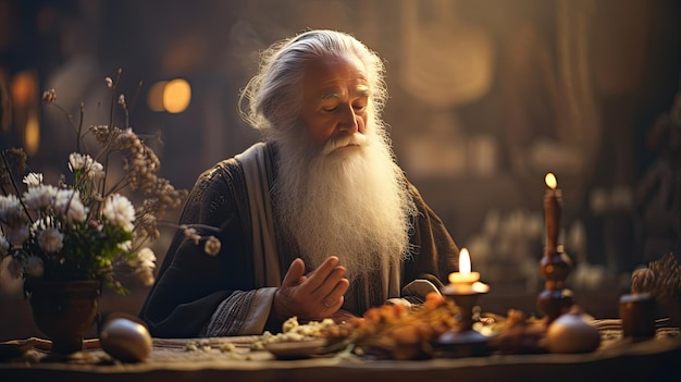 Älterer Mann sitzt am Tisch mit Kerzen Pessach