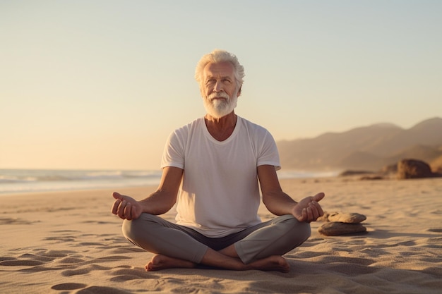 Älterer Mann übt Yoga an einem ruhigen Strand Generative ai