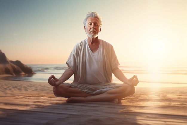Älterer Mann übt Yoga an einem ruhigen Strand Generative ai