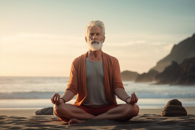 Älterer Mann übt Yoga an einem ruhigen Strand Generative ai