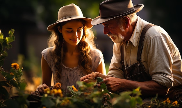 Älterer Mann unterrichtet Landwirtschaft Landwirte auf dem Land arbeiten mit generativer KI