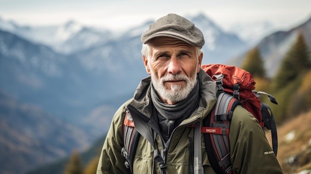 Älterer Mann wandert mit Rucksack, Gehstock, Bergkette, entschlossenes Aussehen