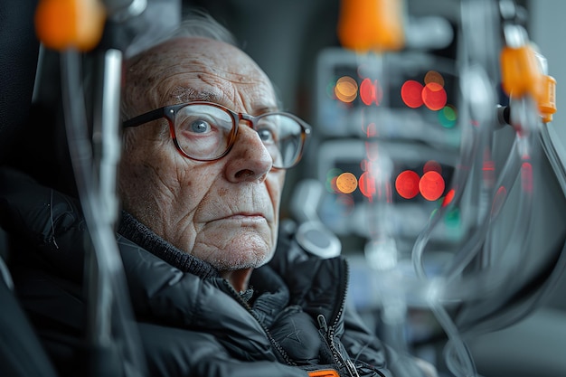 Älterer Patient in einer medizinischen Behandlung mit einem nachdenklichen Gesichtsausdruck, umgeben von medizinischer Ausrüstung