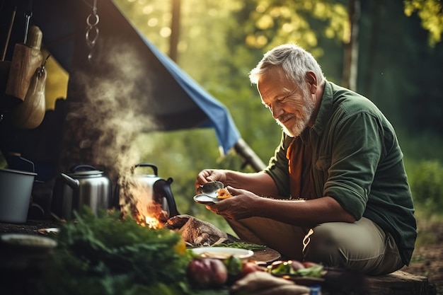 Älterer Reisender kocht Abendessen im Wald, Großvater genießt wandernde Freizeitaktivitäten in der Natur