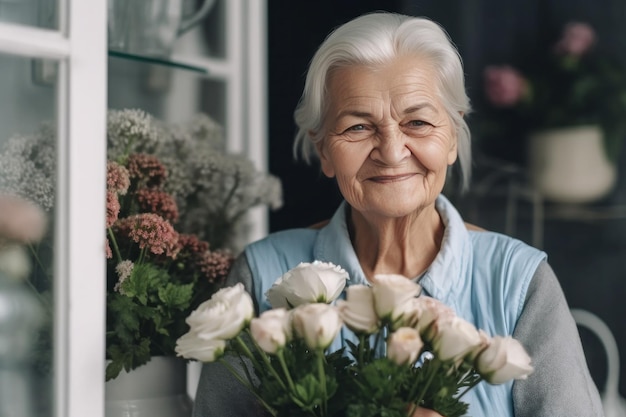 Älterer weiblicher Blumenstrauß Glückliche Person Generieren Sie Ai