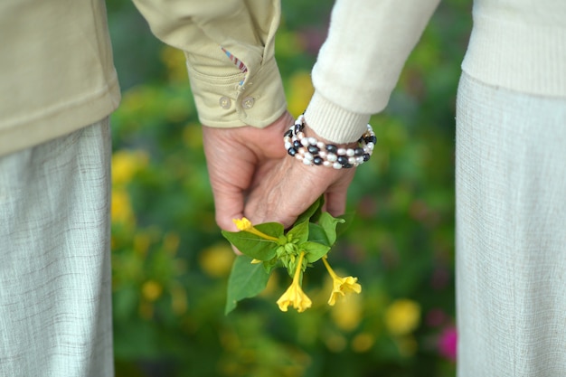 Älteres Ehepaar Händchen haltend mit Blumennahaufnahme