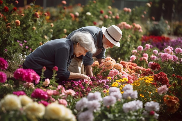 Älteres Ehepaar kümmert sich gemeinsam um Blumen und Pflanzen im Garten mit generativer KI