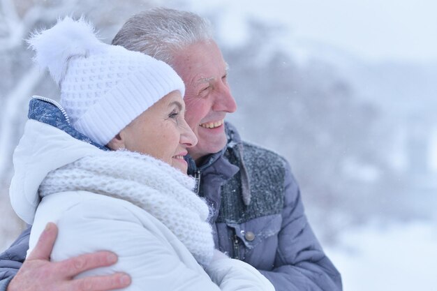 Älteres Ehepaar lächelt und freut sich im frostigen Winter