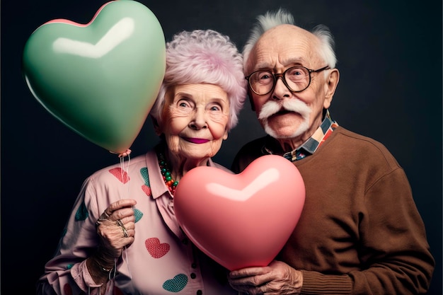 Älteres Ehepaar mit zwei herzförmigen Ballons in einer Studioaufnahme Generative KI