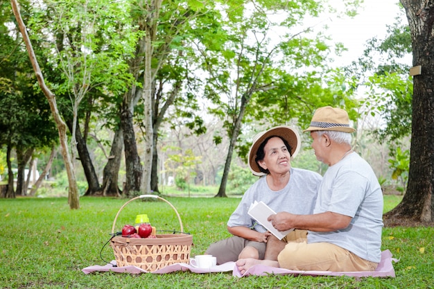 Älteres Paar, asiatischer Ehemann und Ehefrau Sitzen und picknicken und entspannen Sie sich im Park.