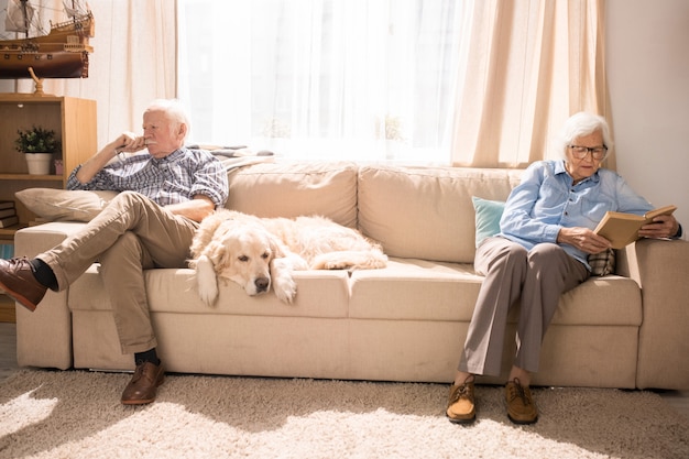 Älteres Paar, das mit Hund auf Couch ruht