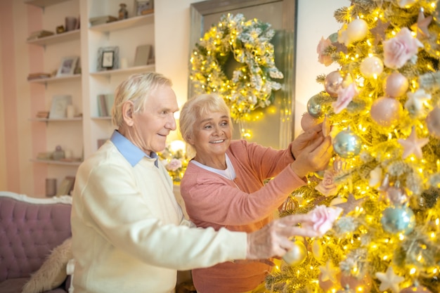 Älteres Paar, das Weihnachtsbaum zusammen verziert