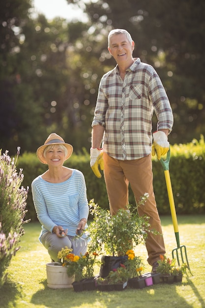 Älteres Paar, das zusammen im Garten arbeitet