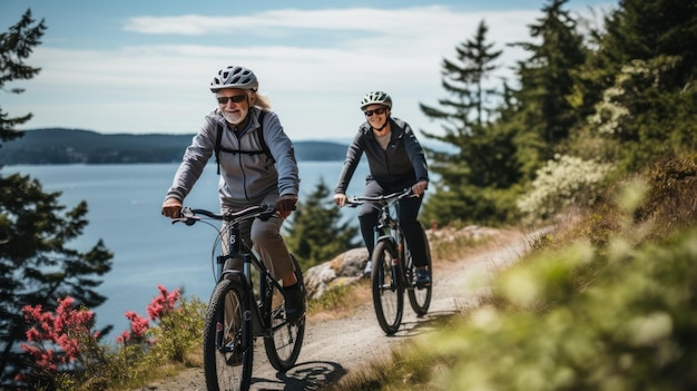 Älteres Paar fährt gemeinsam Fahrrad auf einer malerischen Route