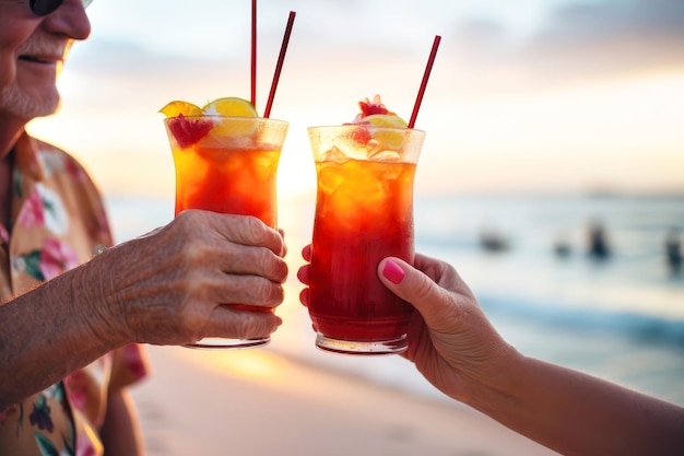 Älteres Paar genießt Cocktails am Strand