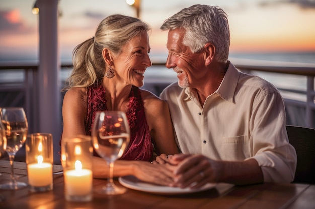 Älteres Paar genießt ein romantisches Abendessen bei Kerzenschein auf dem Deck des Kreuzfahrtschiffes