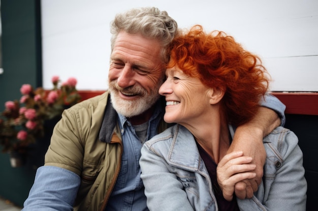 Älteres Paar glücklicher Gesichtsausdruck draußen in einem Garten, der von der KI erzeugt wurde