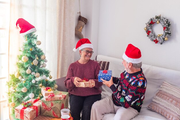 Älteres Paar in warmer Kleidung und Weihnachtsmütze, die sich zu Hause die Hände vor geschmücktem Weihnachtsbaum halten. Liebevolles altes romantisches heterosexuelles Paar, das zusammen Weihnachtsfest feiert