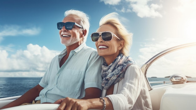 Älteres Paar segelt während seines aktiven Ruhestands auf einer Luxusyacht. Planen Sie eine Lebensversicherung für einen glücklichen Ruhestand