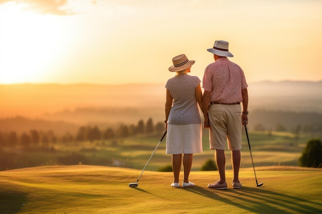 Älteres Paar spielt mit grünen Golfschlägern in der Hand, während die Sonne im Hochland untergeht