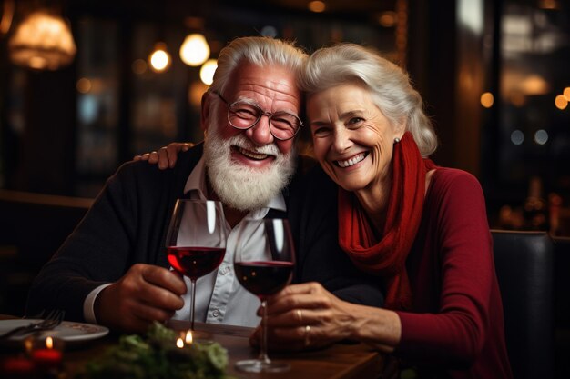 Älteres Paar trinkt Rotwein, Kopierraum. Generative KI