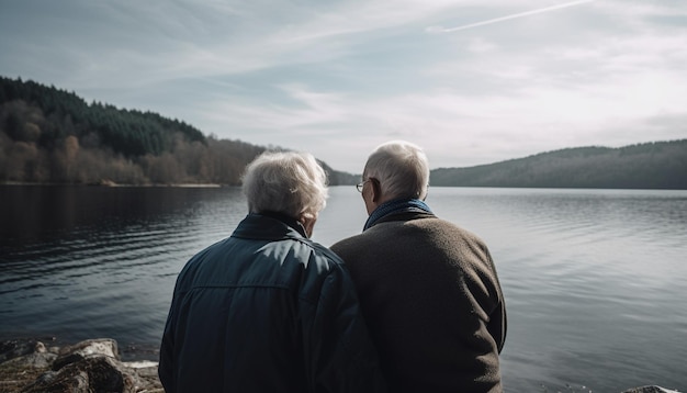 Älteres Paar umarmt die Liebe in einer ruhigen, von KI erzeugten Berglandschaft