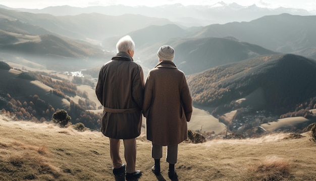 Älteres Paar umarmt Liebe auf Berggipfel, erzeugt durch KI