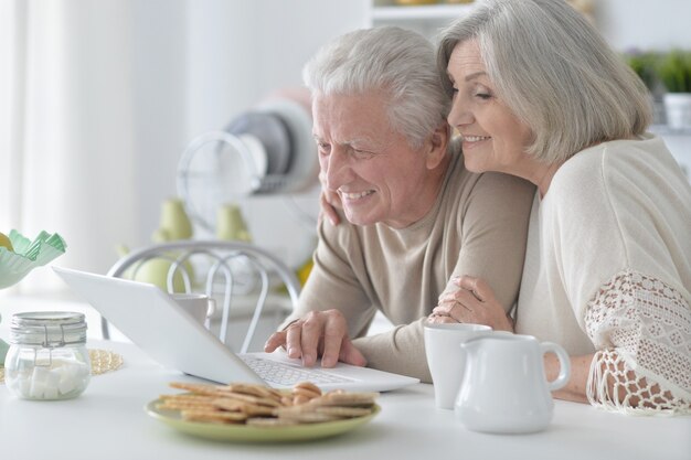 Älteres Paarporträt mit Laptop zu Hause