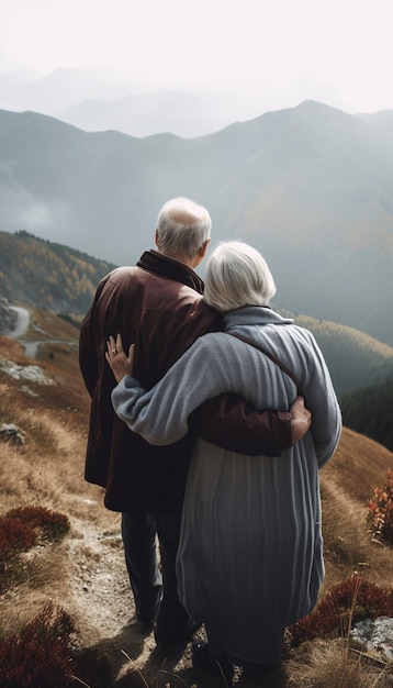 Älteres Seniorenpaar umarmt sich beim Gehen oder Reisen in den Bergen, Rückansicht, KI generiert