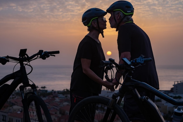 Älteres sportliches Paar mit Fahrradhelm, das bei Sonnenuntergang auf einem Hügel mit Elektrofahrrad steht und gesunde Aktivitäten für Rentner küsst, die den Urlaub genießen