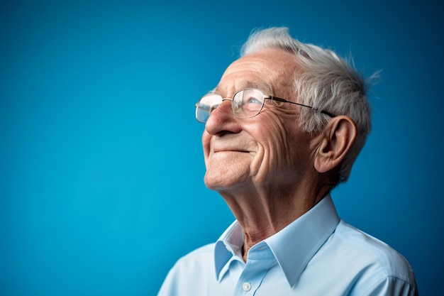 Último homem sorrindo alegremente sobre fundo azul bokeh