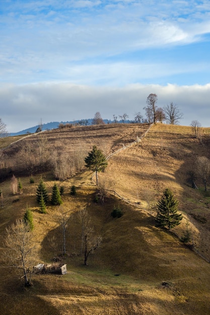 Últimos días de buen tiempo en el campo de montaña de otoño Tranquila y pintoresca escena de las montañas de los Cárpatos ucranianos