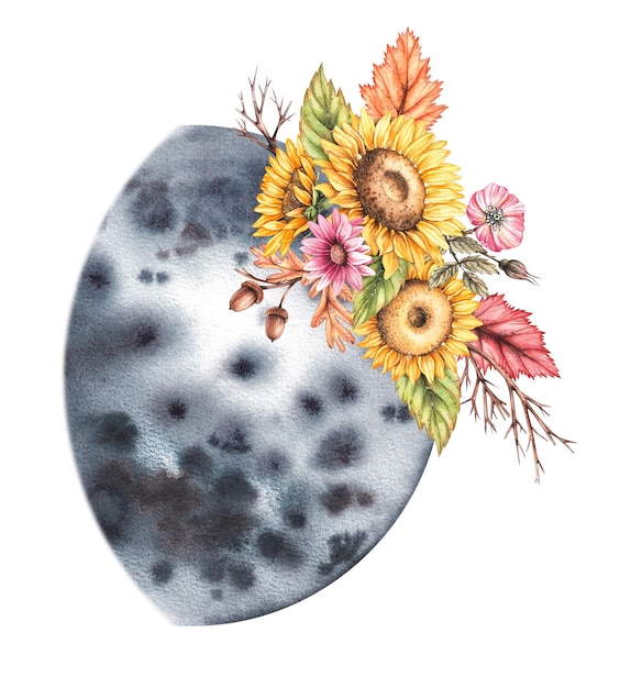 Lua aquarela com buquês de outono isolados