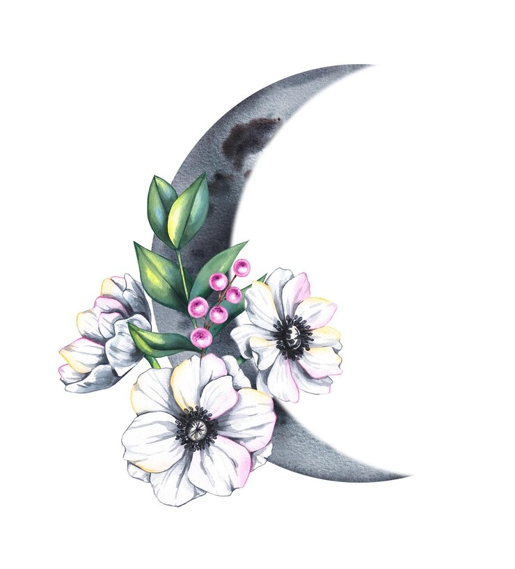 Foto lua aquarelada em flor com buquê de bagas de anêmonas