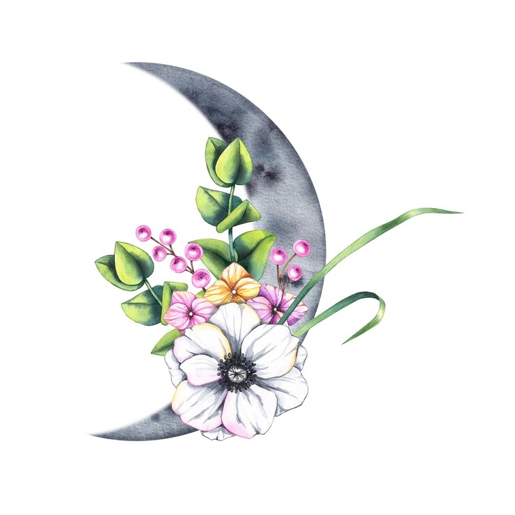 Foto lua aquarelada em flor com buquê de bagas de anêmonas