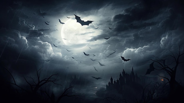 Lua assustadora no céu nublado com morcegos na noite de Halloween
