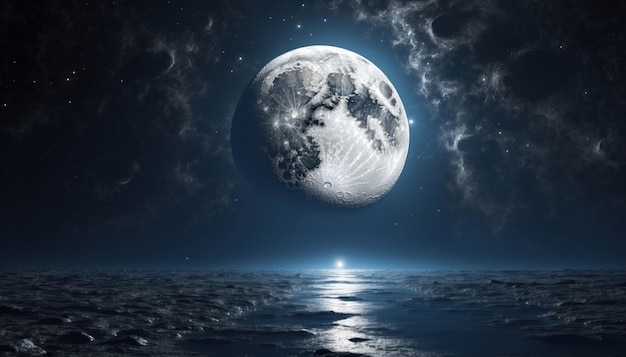 Lua brilhante e cheia pendurada sobre o mar e as montanhas geradas pela IA