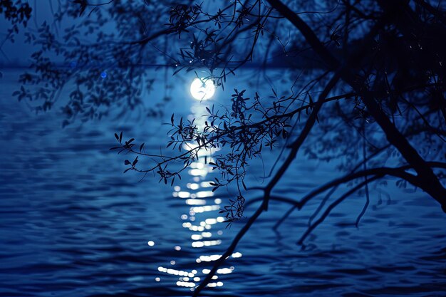 Foto lua cheia brilhando através dos galhos das árvores sobre a água
