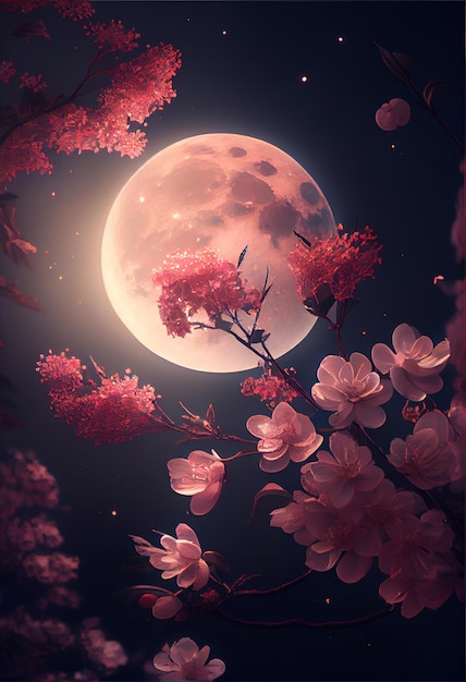Lua cheia com flores cor de rosa em primeiro plano generativo ai