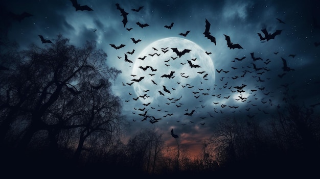 Lua cheia com morcegos voando no céu