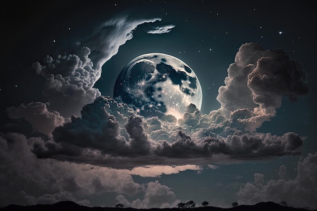 Lua cheia com nuvens e estrelas no céu noturno Generative AI