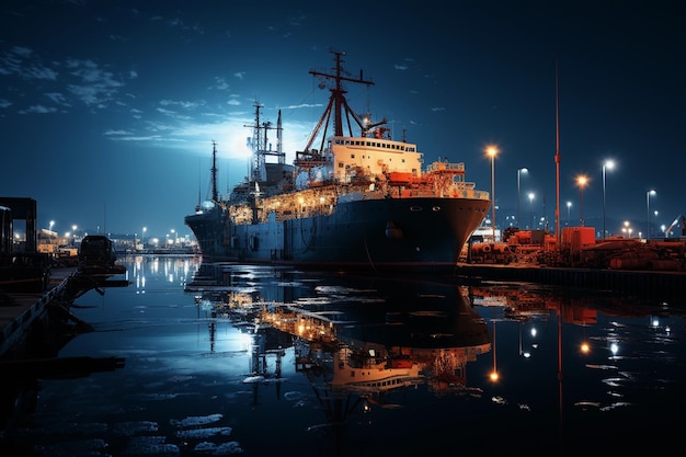Lua cheia e navio atracado no porto à noite