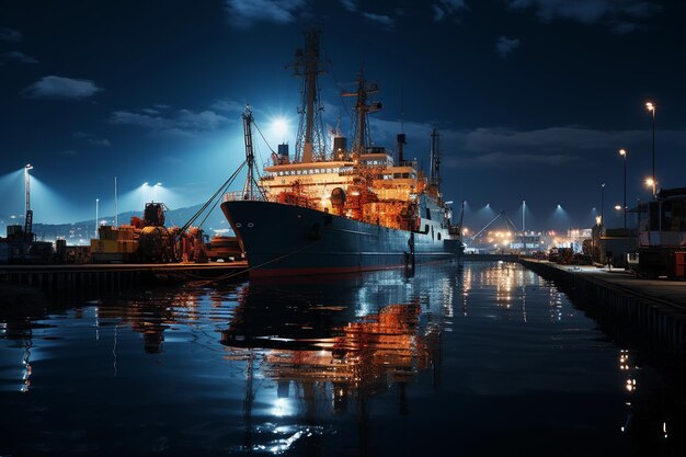 Lua cheia e navio atracado no porto à noite