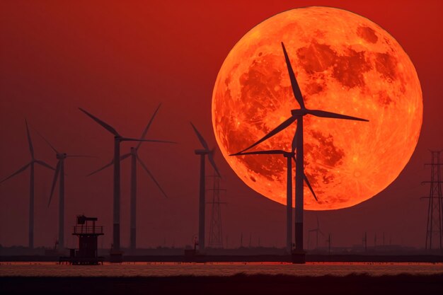 Lua cheia lançando luz sobre moinhos de vento no fundo