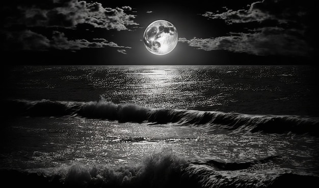 Lua cheia refletindo a água sobre o céu negro escuro à noite