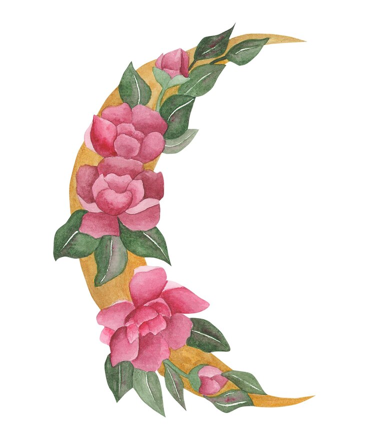 Foto lua com aquarela de ilustração de flores